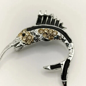 Silver Tone Black Enamel Yellow Rhinestones Sword Fish Brooch